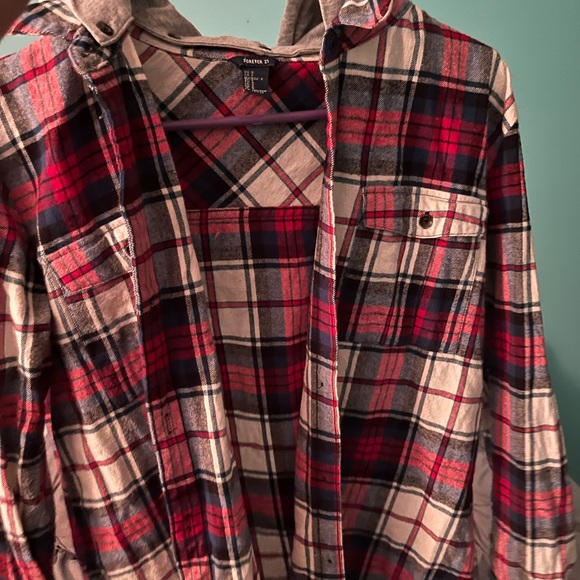 Flannel with removable hood. It is a size medium and red, blue, and white. - Picture 6 of 6
